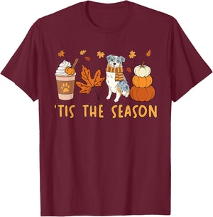 Tis The Season Aussie Dog Fall Autumn Pumpkin Coffee T-Shirt - T-Shirt | Maroon