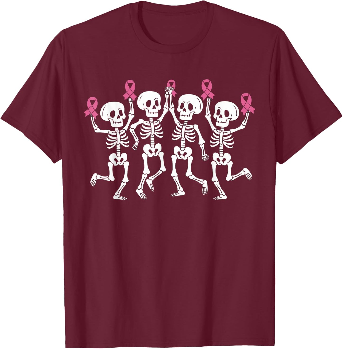 Pink Ribbon Breast Cancer Awareness Skeleton Women Men Kids T-Shirt - T-Shirt | Maroon