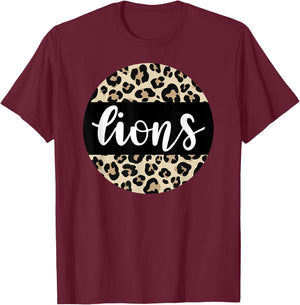 Leopard Print Lions Team Mascot School Spirit Game Night T-Shirt - T-Shirt | Maroon