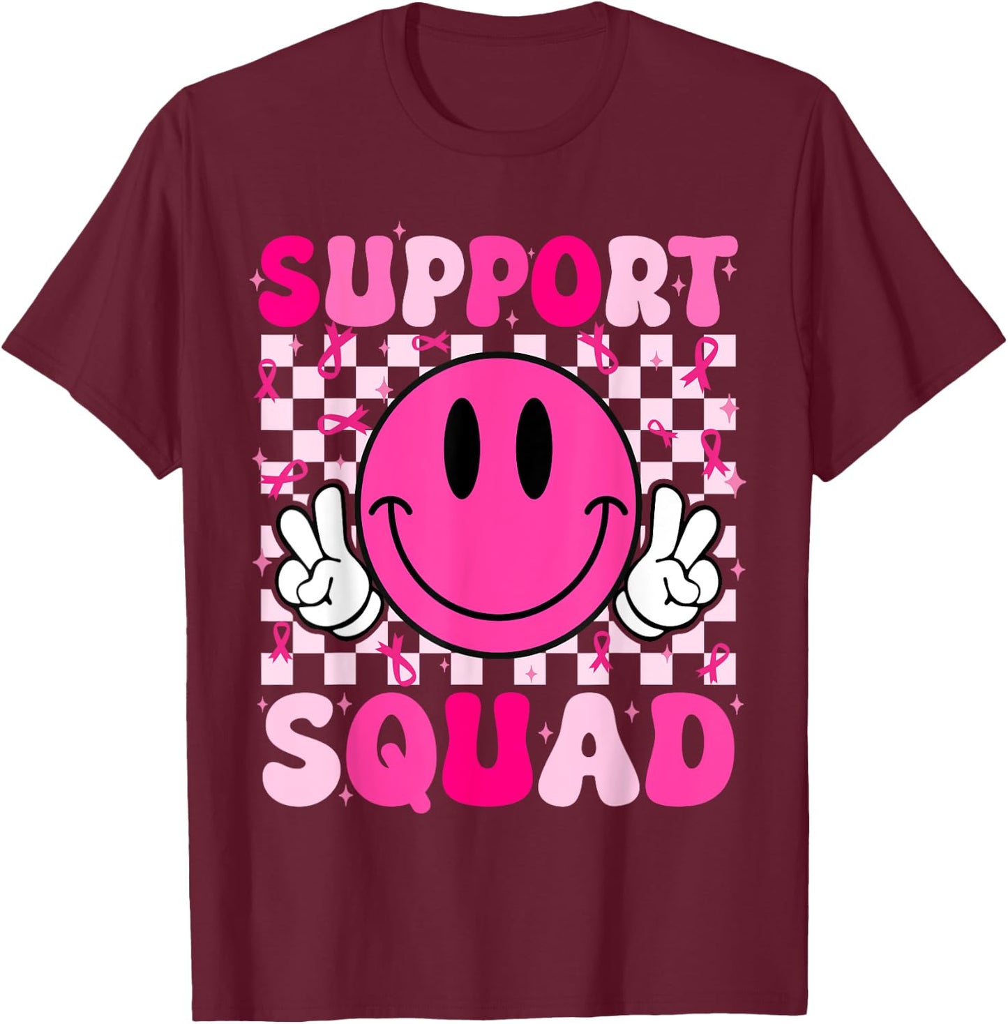 Groovy Breast Cancer Awareness Men Women Kids Support Squad T-Shirt - T-Shirt | Maroon