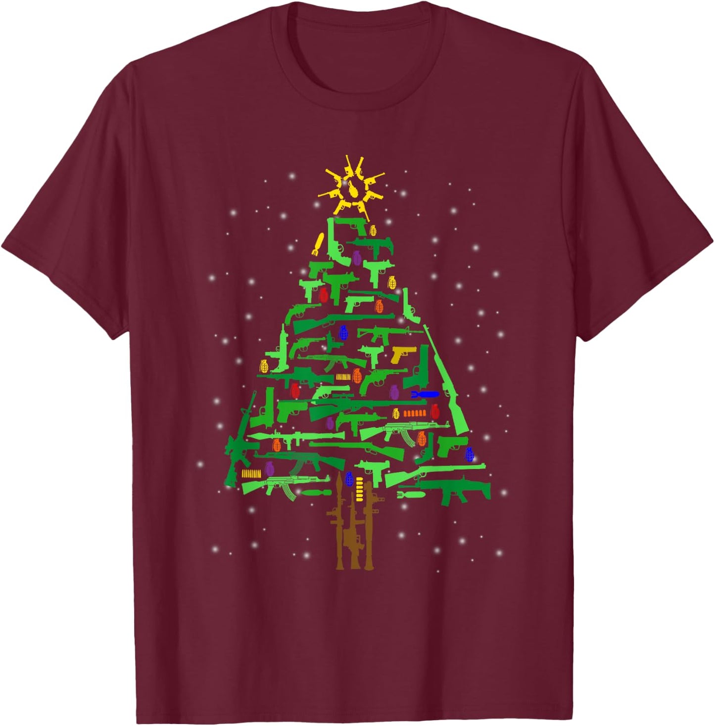Gun Christmas Tree Funny Veteran Xmas 2024 Gifts Gun Lover T-Shirt - T-Shirt | Maroon