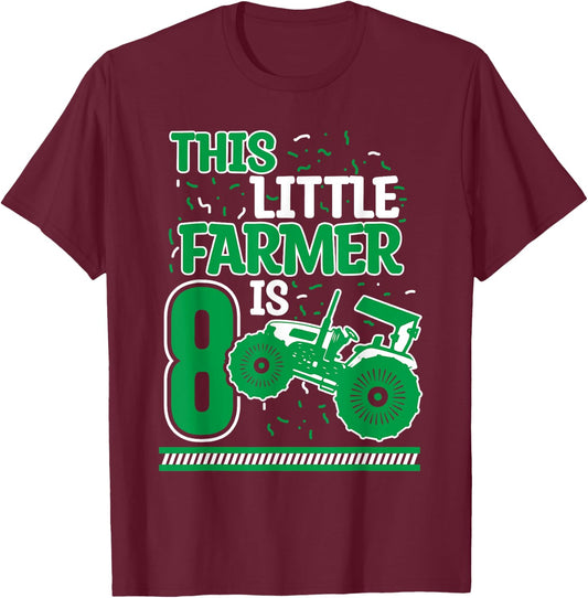 8 Years Old Boy Tractor Little Farmer 8th Birthday Kids T-Shirt - T-Shirt | Maroon