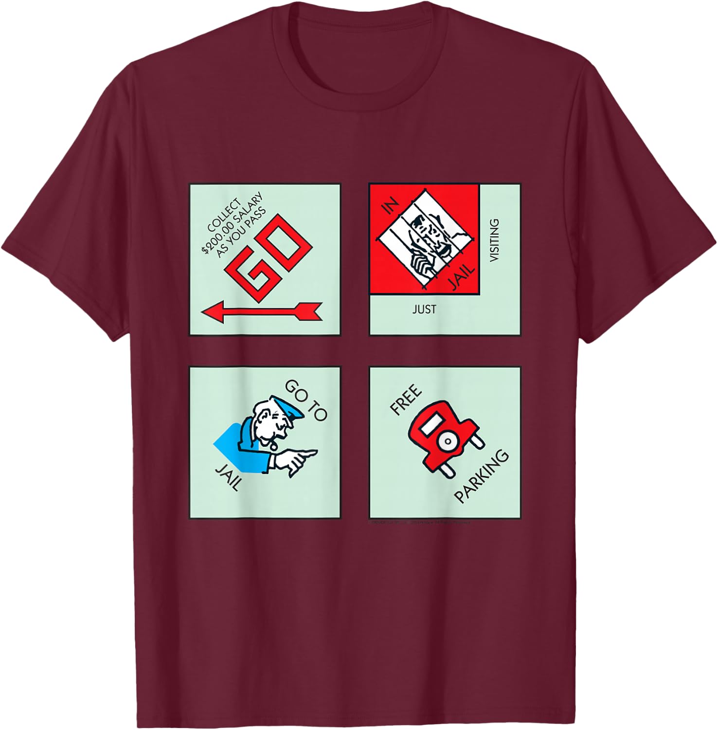 Monopoly Classic Corner Tiles T-Shirt - T-Shirt | Maroon