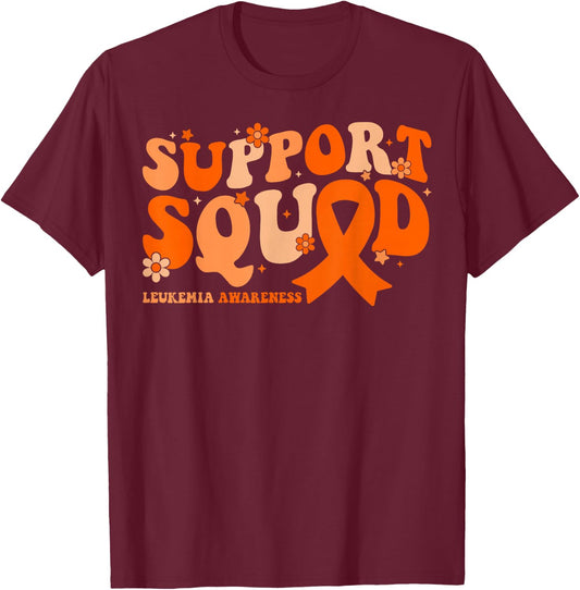 Support Squad Orange Ribbon Leukemia Blood Cancer Awareness T-Shirt - T-Shirt | Maroon