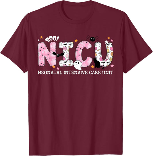 NICU Nurse Halloween Spooky Pumpkin Neonatal Intensive Care T-Shirt - T-Shirt | Maroon