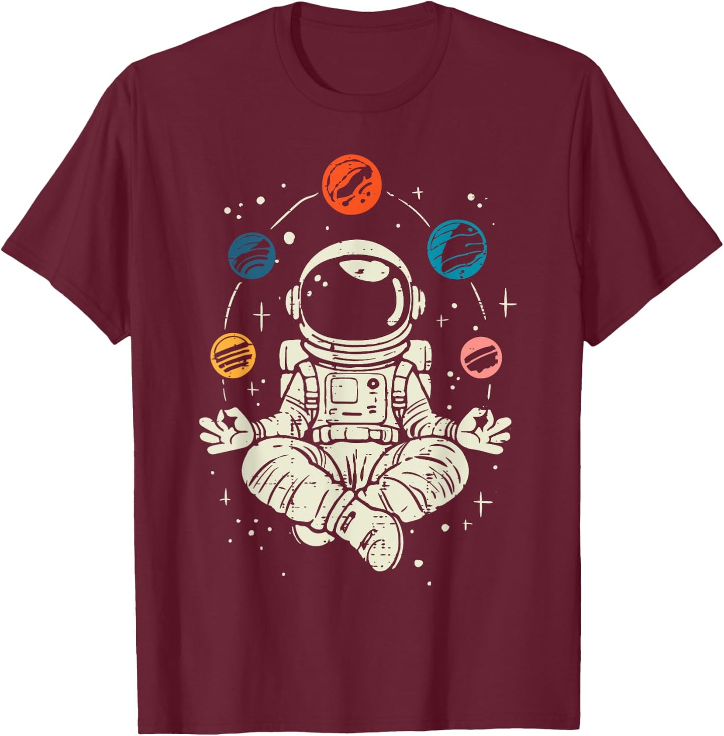 Meditating Astronaut Planets Space Yoga Lotus Kids Men Women T-Shirt - T-Shirt | Maroon