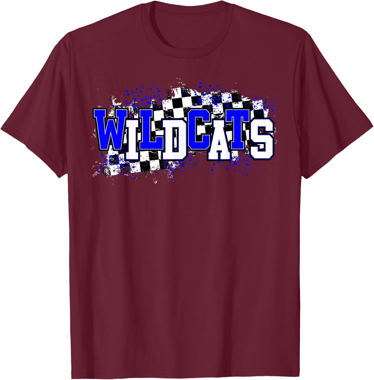 Blue Wildcats School Spirit Wildcat Pride Checkered Teacher Women Kids T-Shirt - T-Shirt | Maroon