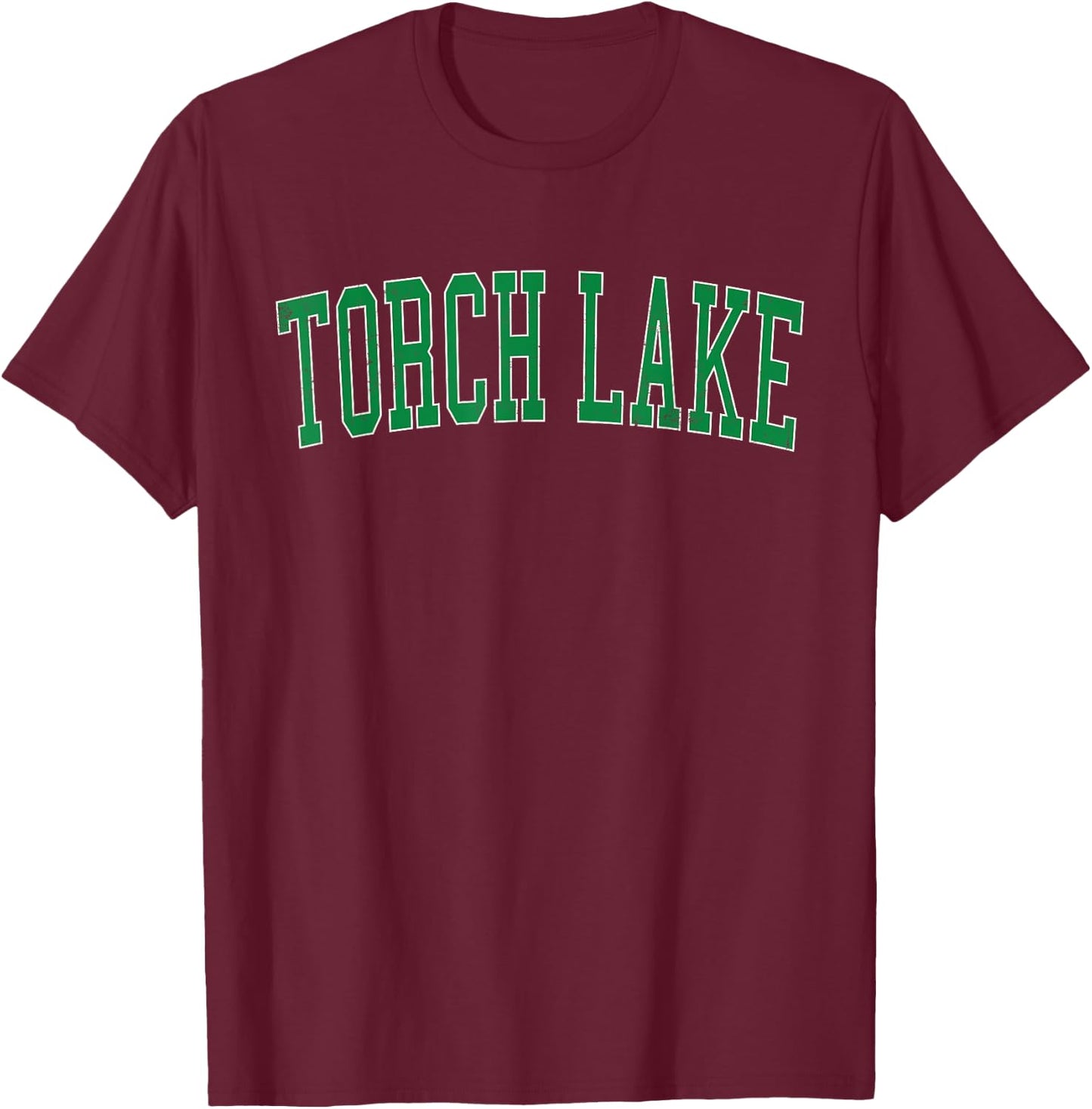 Vintage Torch Lake Distressed Green Varsity Style T-Shirt - T-Shirt | Maroon