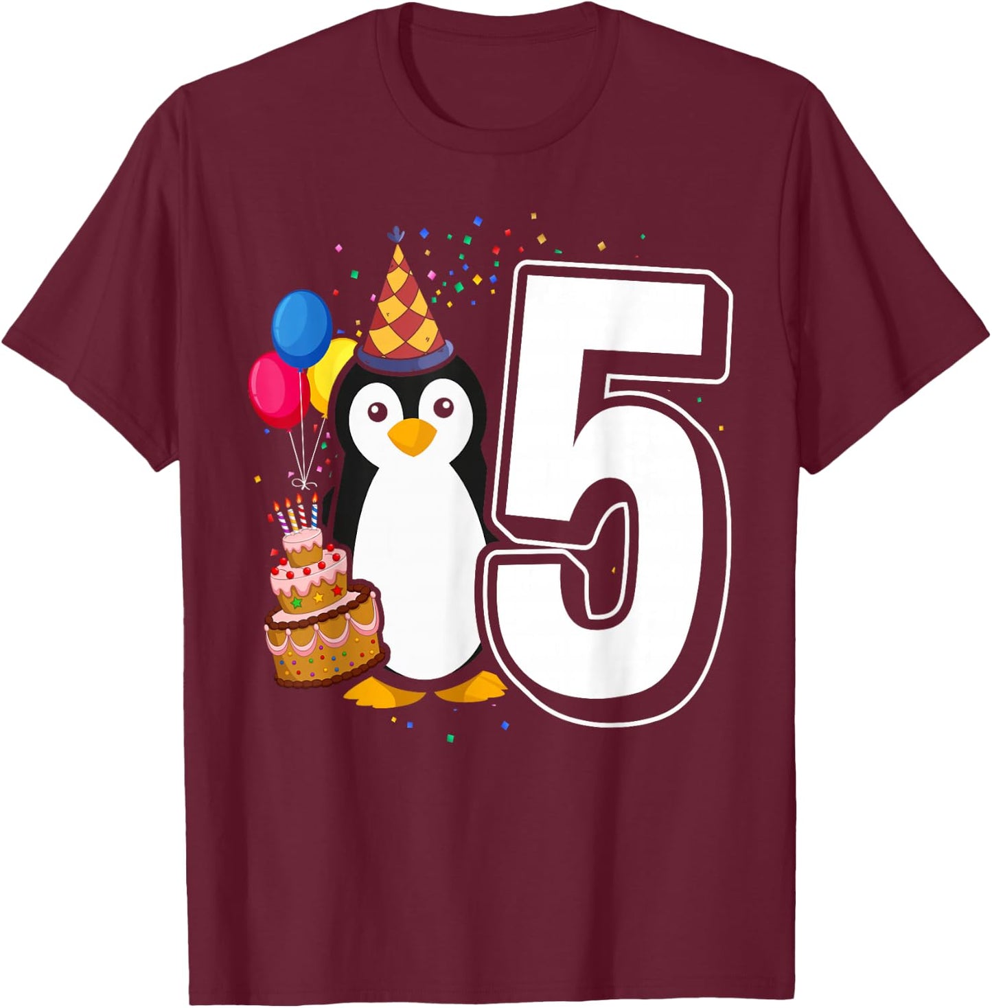 Kids Penguin Birthday 5 Penguin 5th Birthday Outfit Penguin T-Shirt - T-Shirt | Maroon