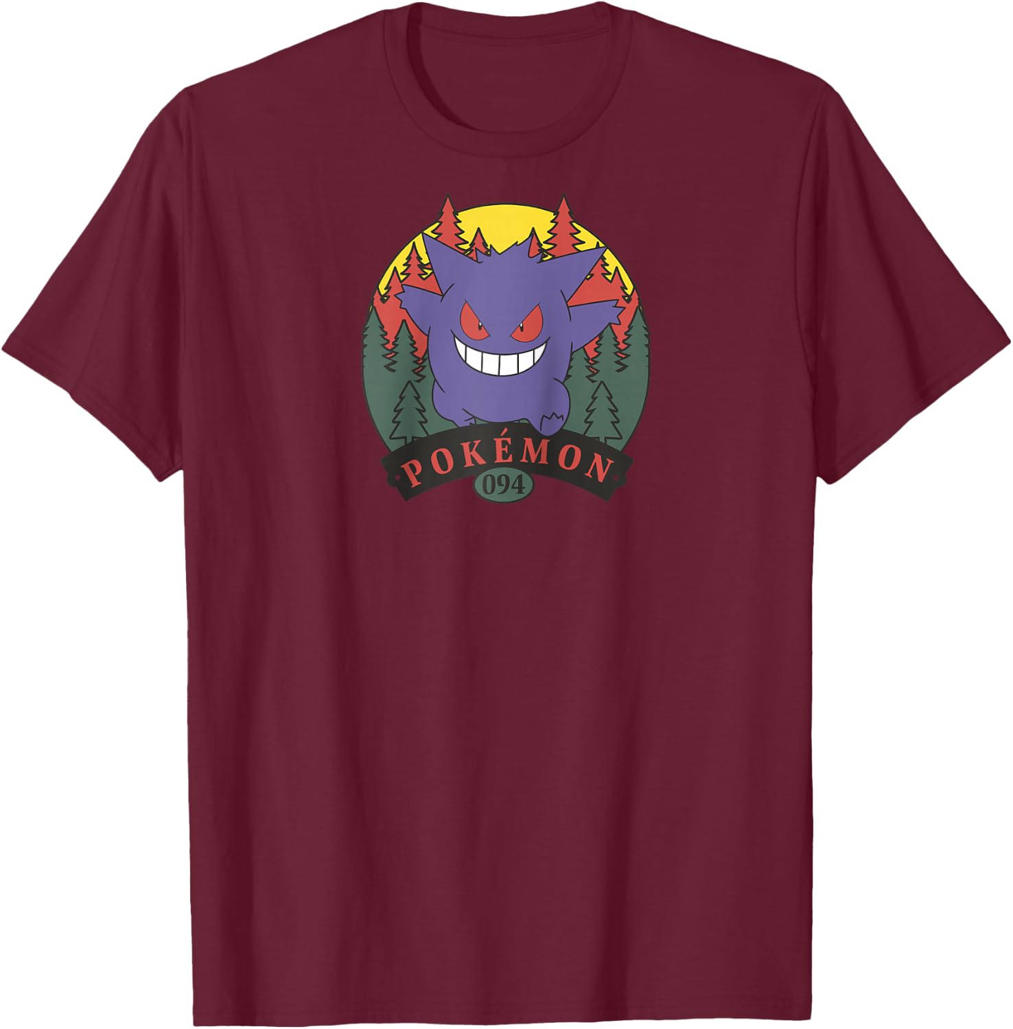 Pokémon 094 Gengar Outdoor Adventure Forest Park Badge Raglan Baseball T-Shirt - T-Shirt | Maroon