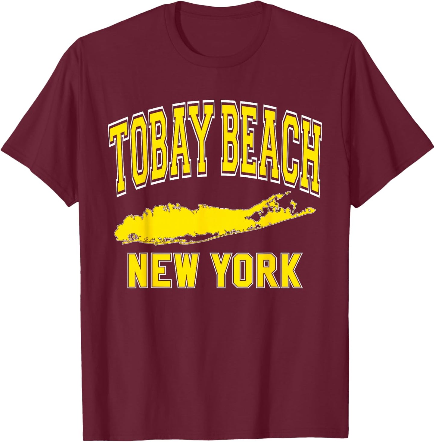 Tobay Beach New York Text Long Island Yellow Print T-Shirt - T-Shirt | Maroon
