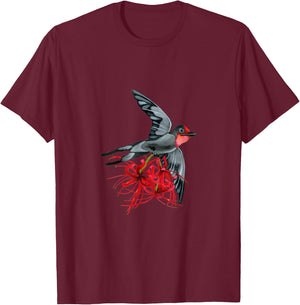 Swallowtail in flight with red spider lilies bird wings air T-Shirt - T-Shirt | Maroon