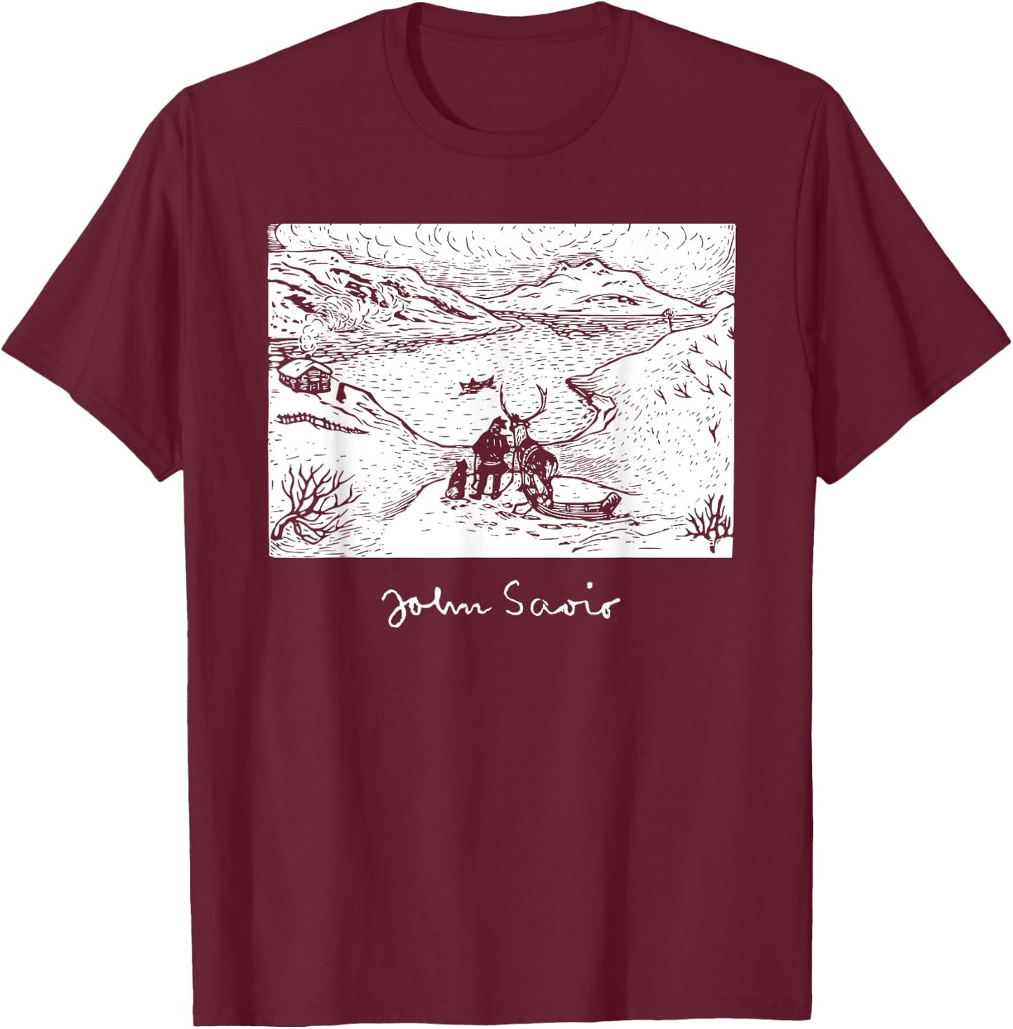 John Savio Sami Art Lapland Lapp with Reindeer at Bay Snow T-Shirt - T-Shirt | Maroon