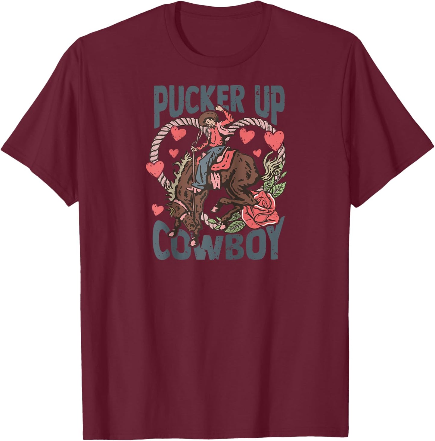 Pucker Up Cowboy Retro Groovy Howdy Valentines Cowboy Hat Raglan Baseball T-Shirt - T-Shirt | Maroon