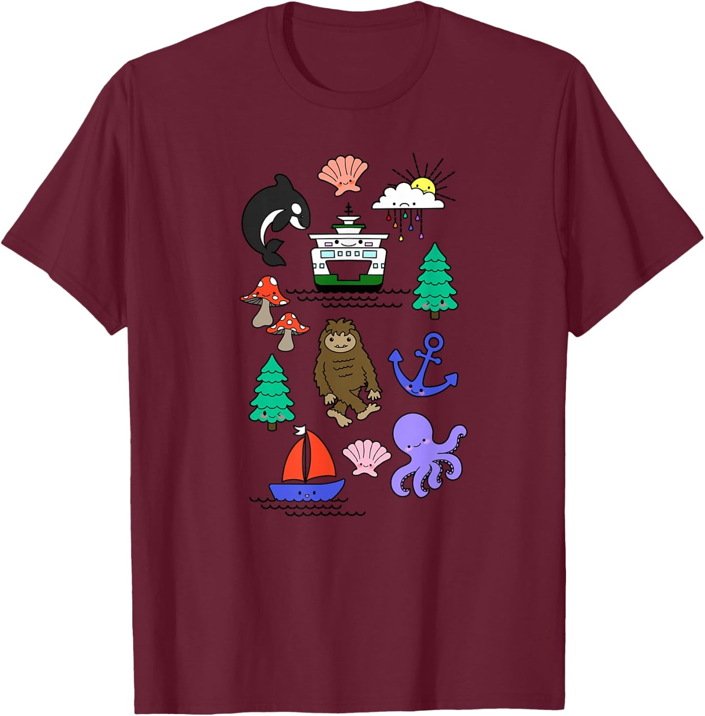 Pacific Northwest Kawaii Sasquatch Ferry Boat Doodle Sketch T-Shirt - T-Shirt | Maroon
