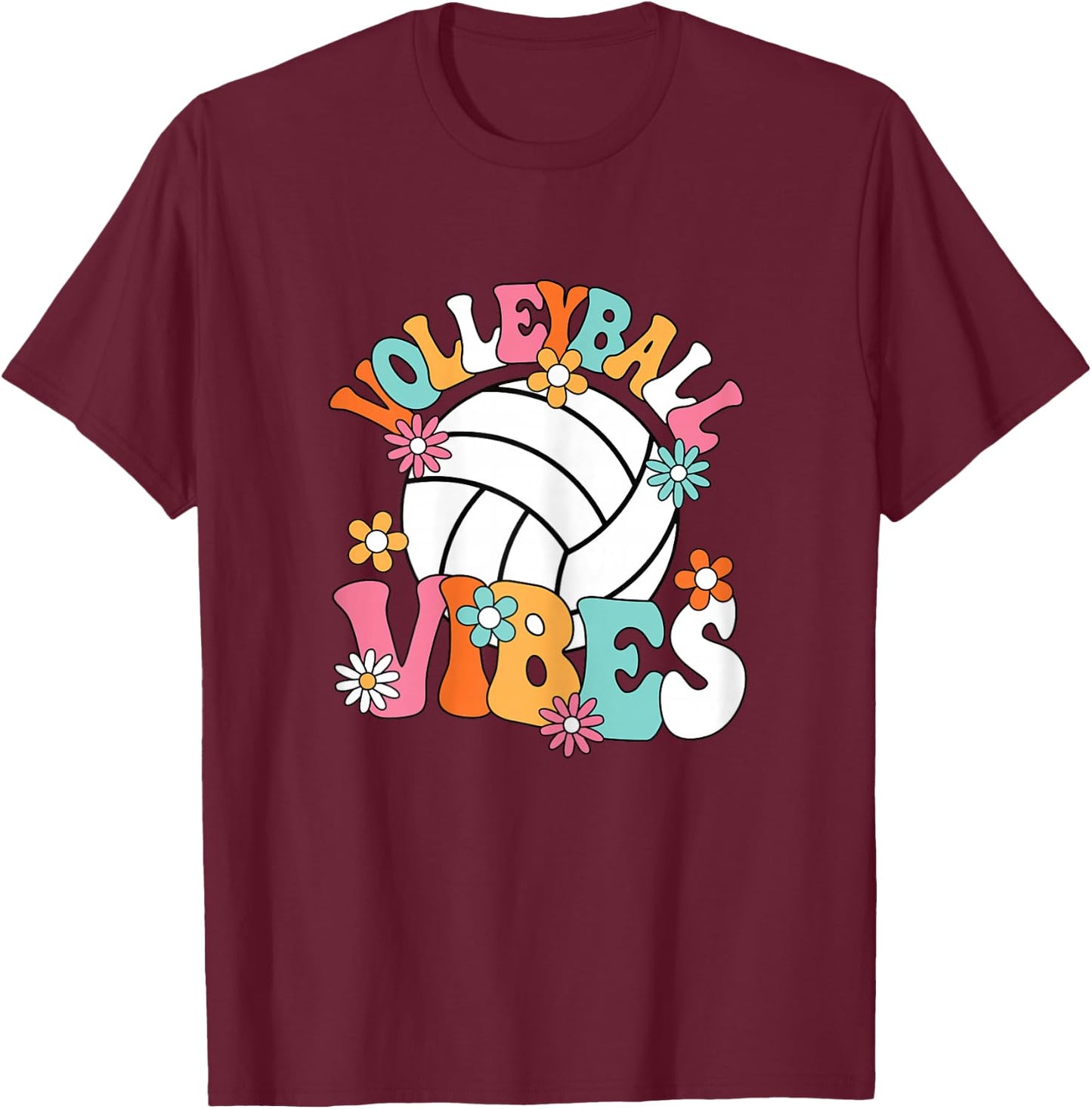 Volleyball Vibes Cute Volleyball Player Groovy Women Girls T-Shirt - T-Shirt | Maroon