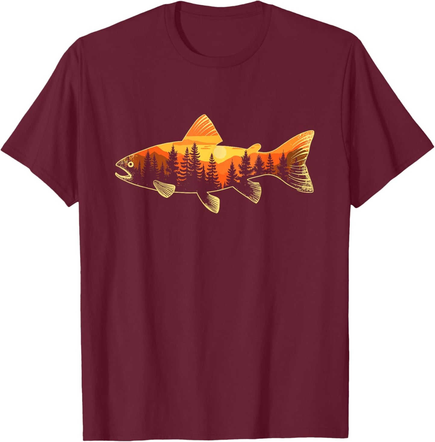 Fishing, Trout, Angler Fisherman, Nature Forest, Fly Fishing T-Shirt - T-Shirt | Maroon