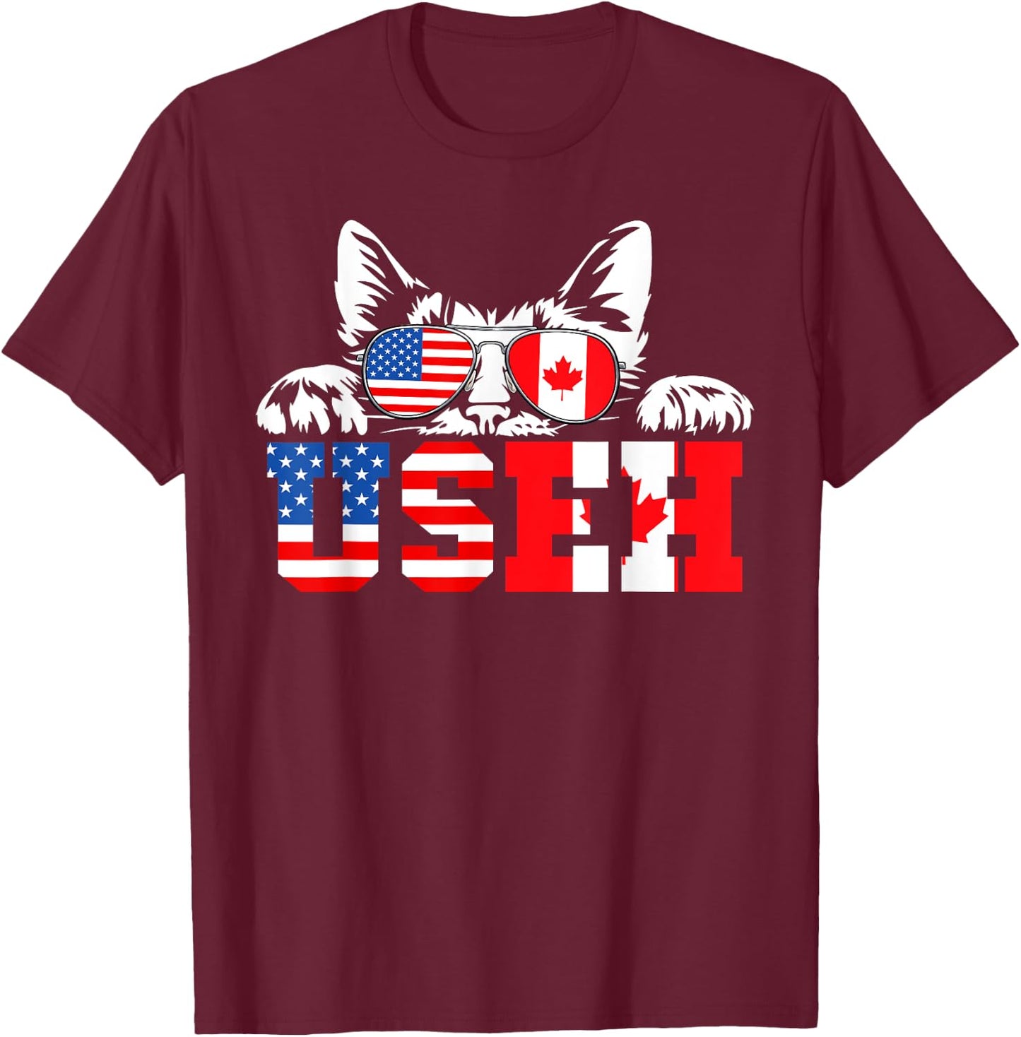 Funny Cat Lover Maple Leaf Canadian & USA Flag Canada Day T-Shirt - T-Shirt | Maroon