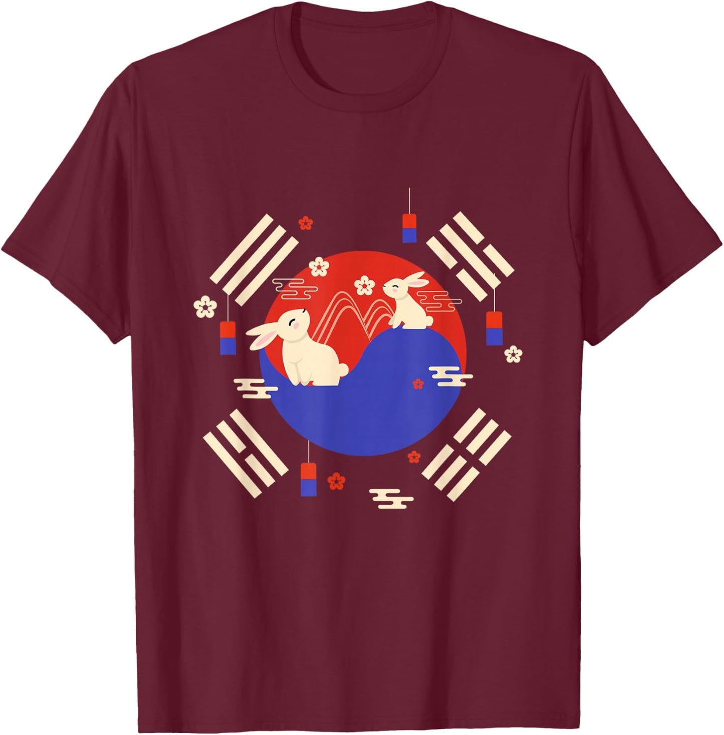 Chuseok Korean Flag Mid-Autumn Festival Cute Rabbit Kids T-Shirt - T-Shirt | Maroon