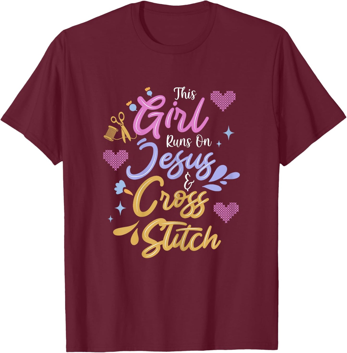 Jesus & Cross Stitch T-Shirt - T-Shirt | Maroon