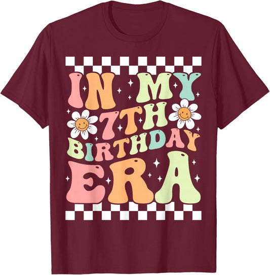 In My 7th Birthday Era Cute Daisy Groovy 7th Birthday Party T-Shirt - T-Shirt | Maroon