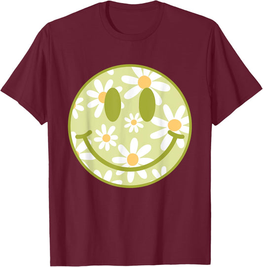 Retro Green Happy Face Checkered Pattern Smile Face Trendy T-Shirt - T-Shirt | Maroon