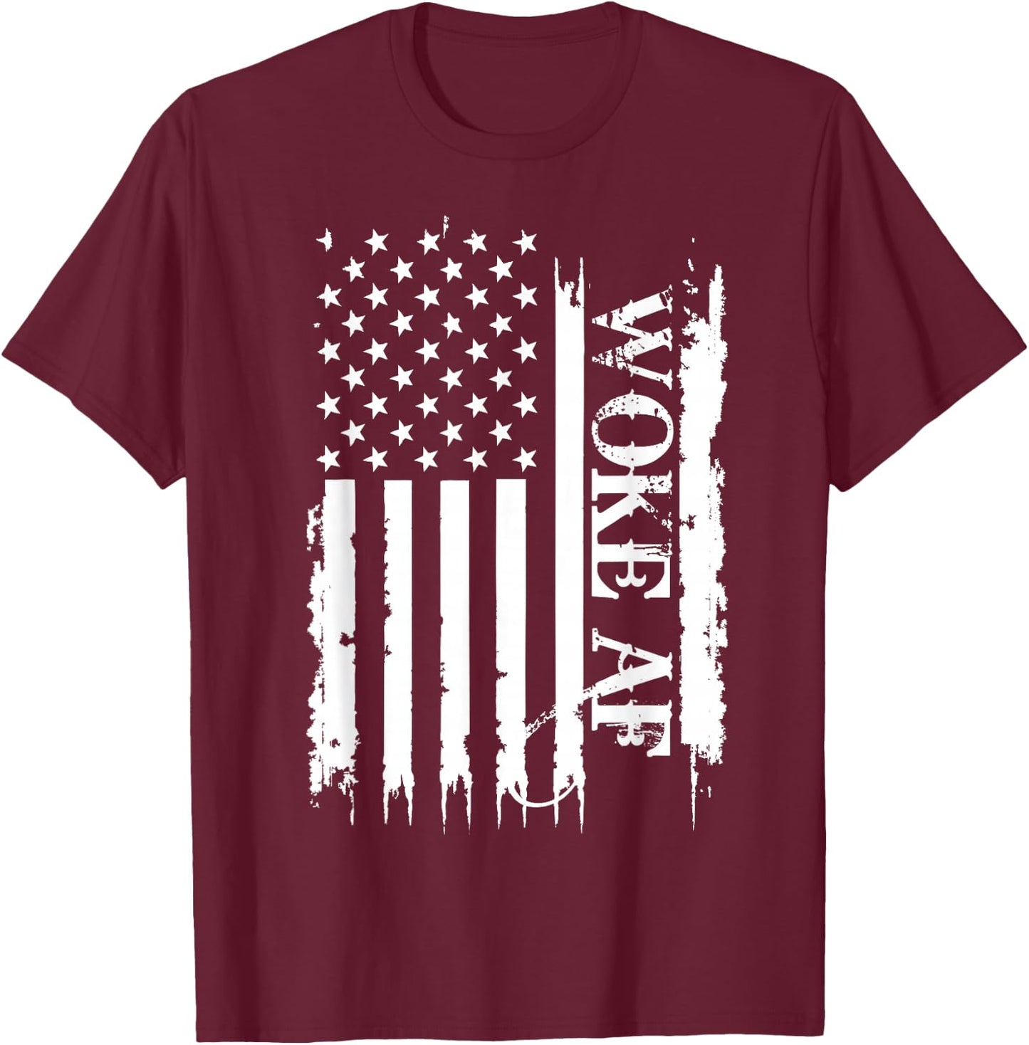 Woke AF United States Distressed w US Flag T-Shirt - T-Shirt | Maroon