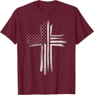 Christian Cross American Flag Faith USA Patriot T-Shirt - T-Shirt | Maroon