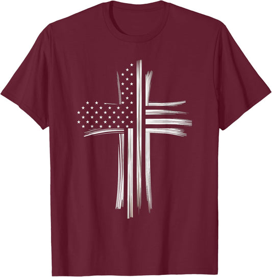 Christian Cross American Flag Faith USA Patriot T-Shirt - T-Shirt | Maroon