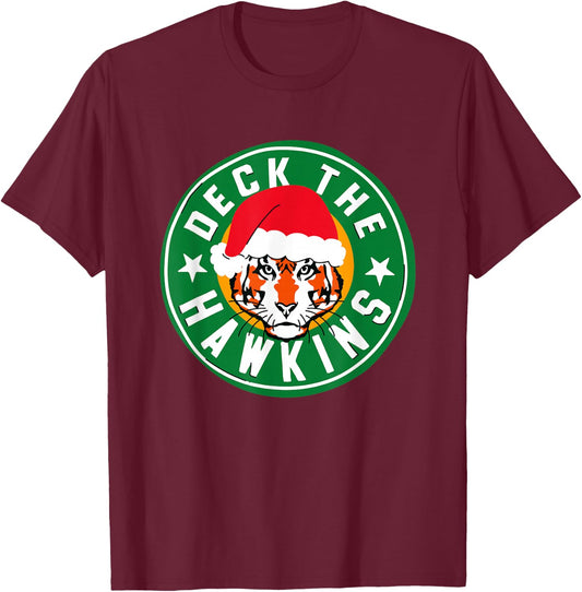 Stranger Things Christmas Deck The Hawkins Big Chest Badge T-Shirt - T-Shirt | Maroon