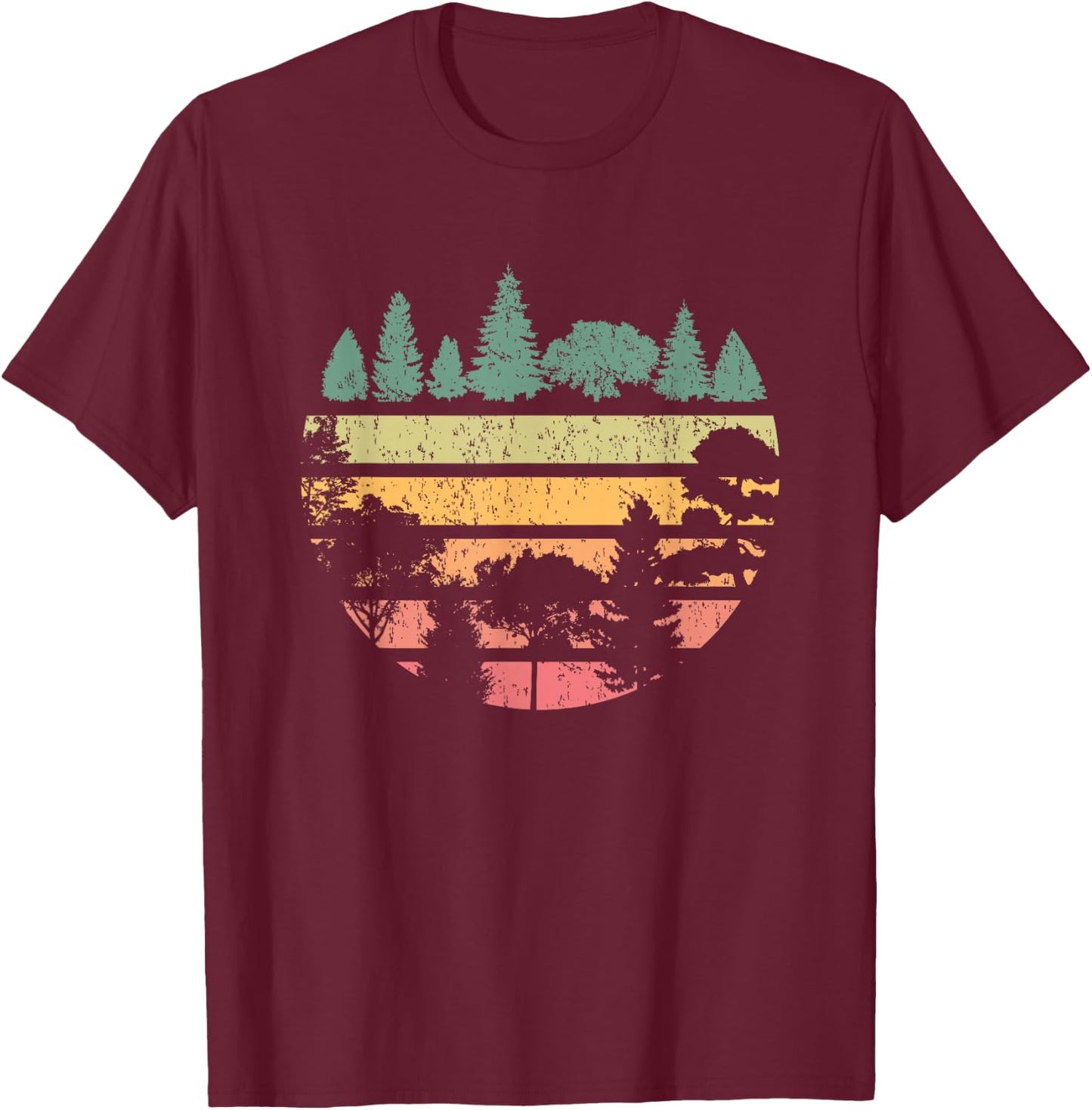 Forest Trees Retro Sunset Vintage Graphic Hiking Camping T-Shirt - T-Shirt | Maroon