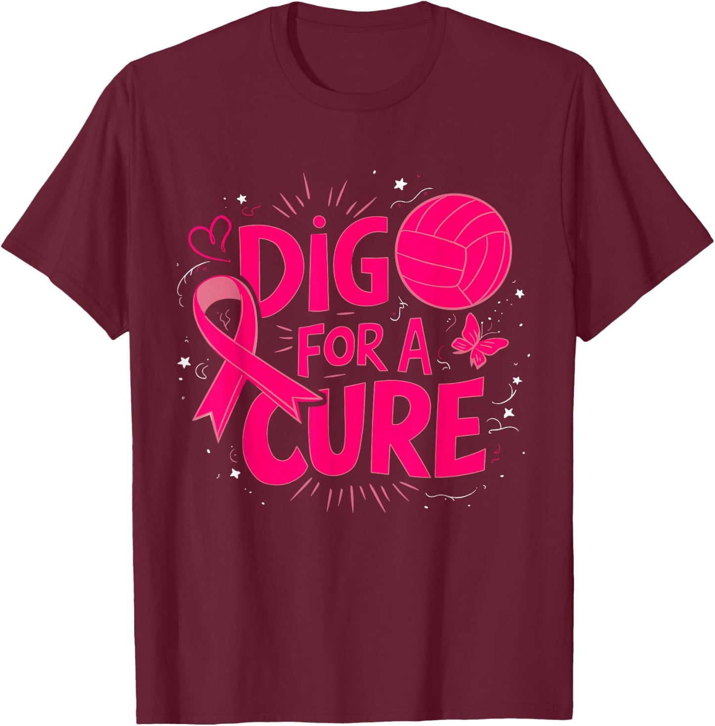 Dig For A Cure Breast Cancer Awareness Volleyball Pink T-Shirt - T-Shirt | Maroon