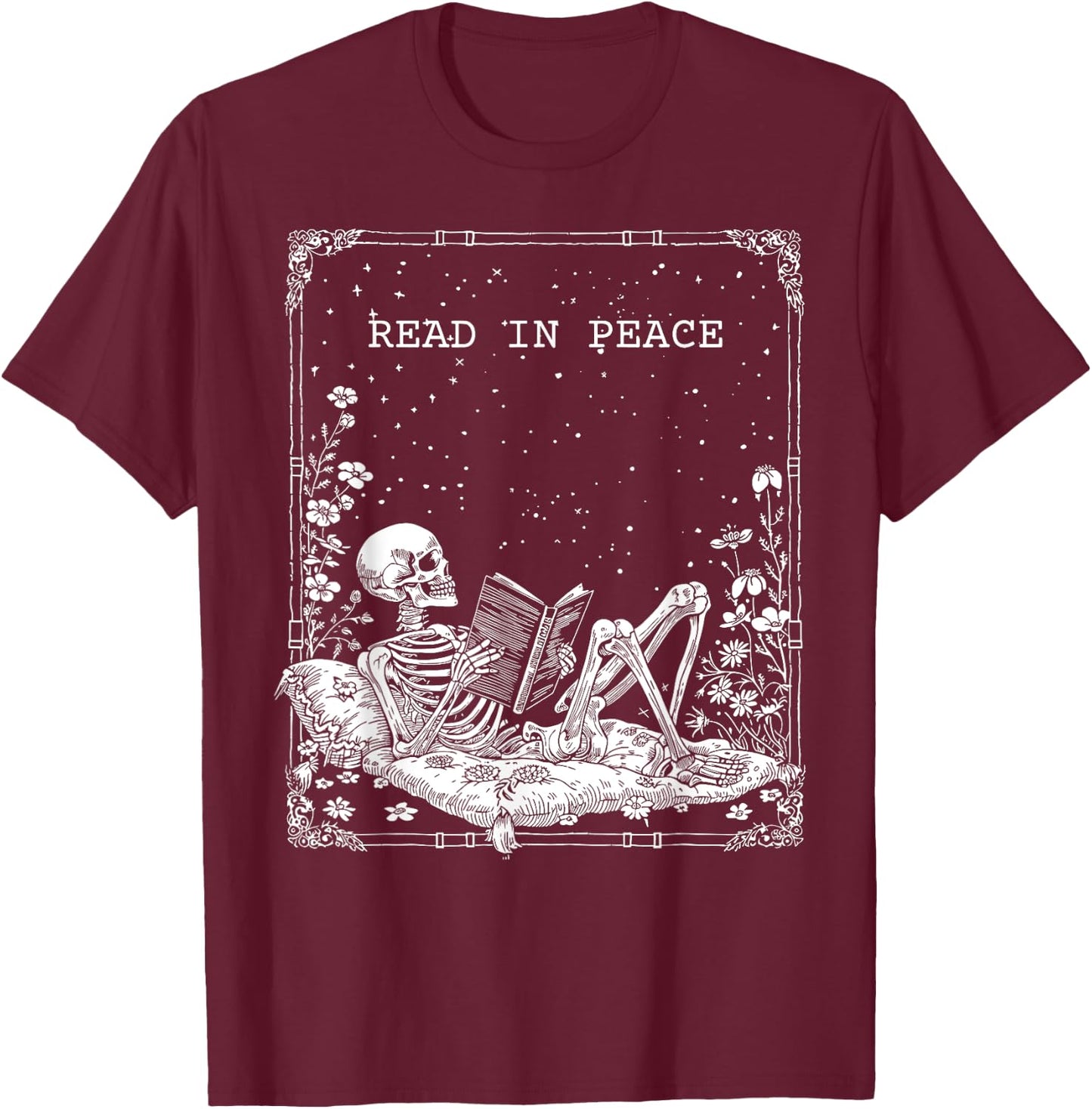 Read in Peace Skeleton Reading For Book Lover Kids Halloween T-Shirt - T-Shirt | Maroon