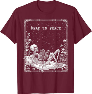 Read in Peace Skeleton Reading For Book Lover Kids Halloween T-Shirt - T-Shirt | Maroon