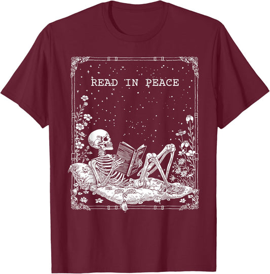 Read in Peace Skeleton Reading For Book Lover Kids Halloween T-Shirt - T-Shirt | Maroon