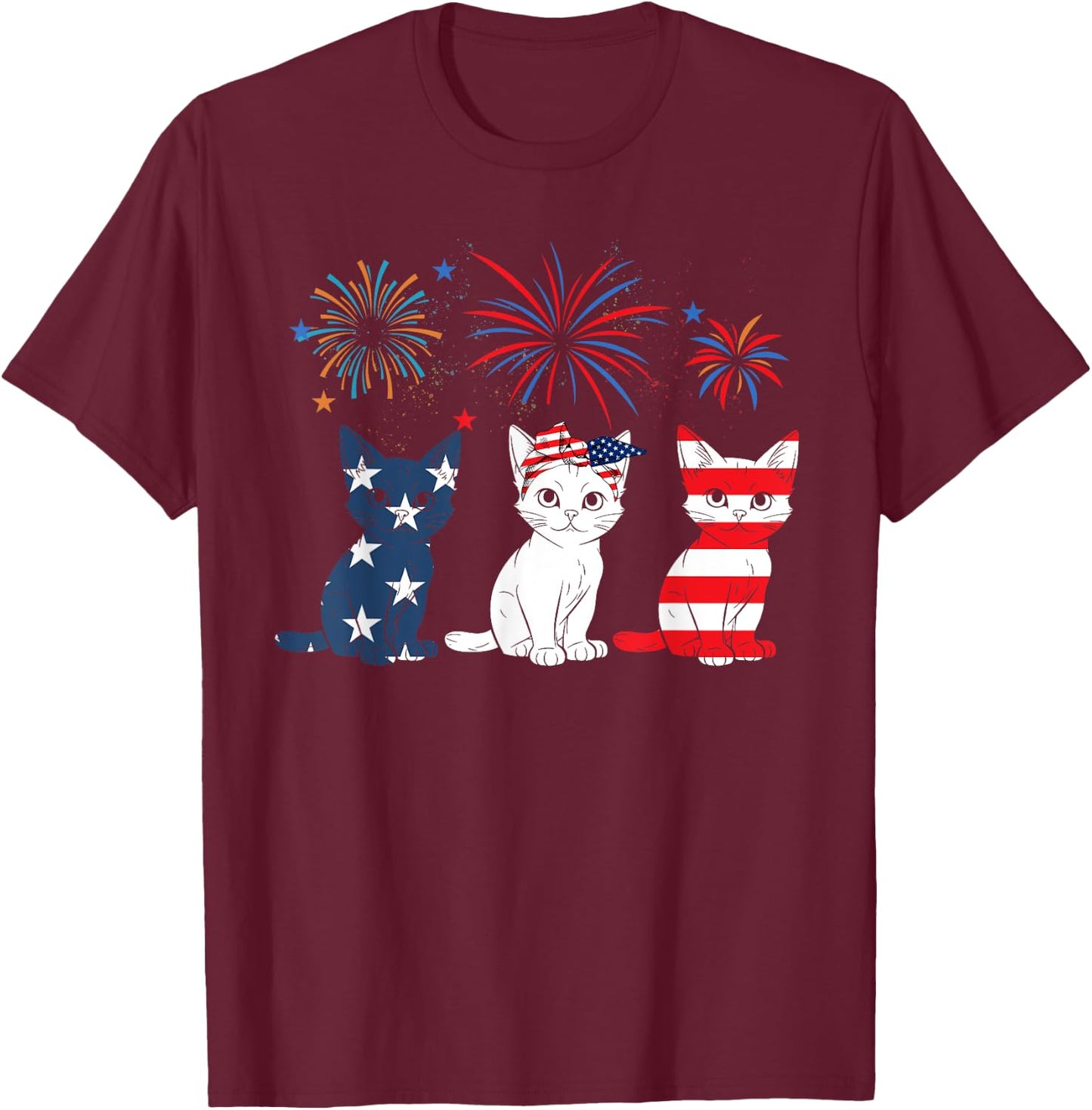 Red White Blue Cat USA Flag Firework 4th Of July T-Shirt - T-Shirt | Maroon