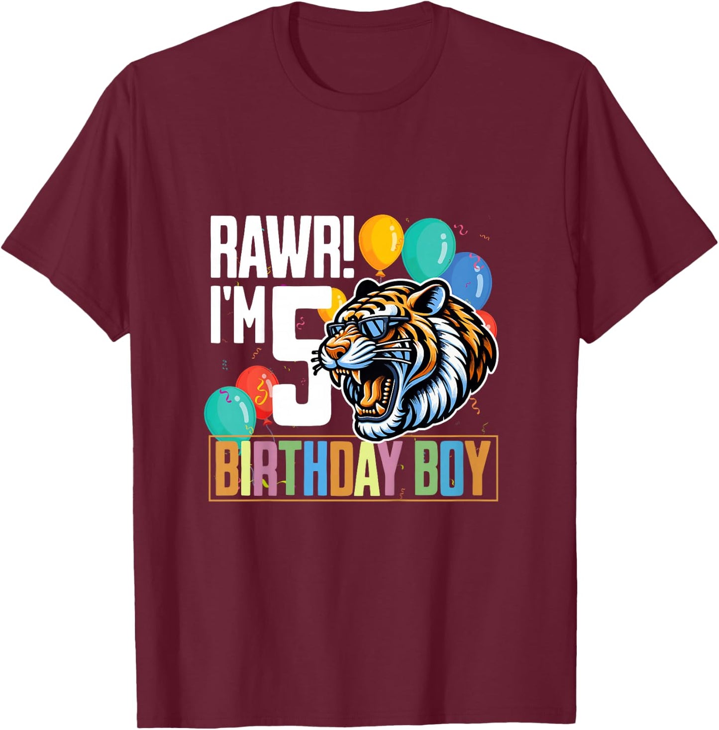 Tiger Rawr I'm 5 Year Old 5th Birthday Boy T-Shirt - T-Shirt | Maroon