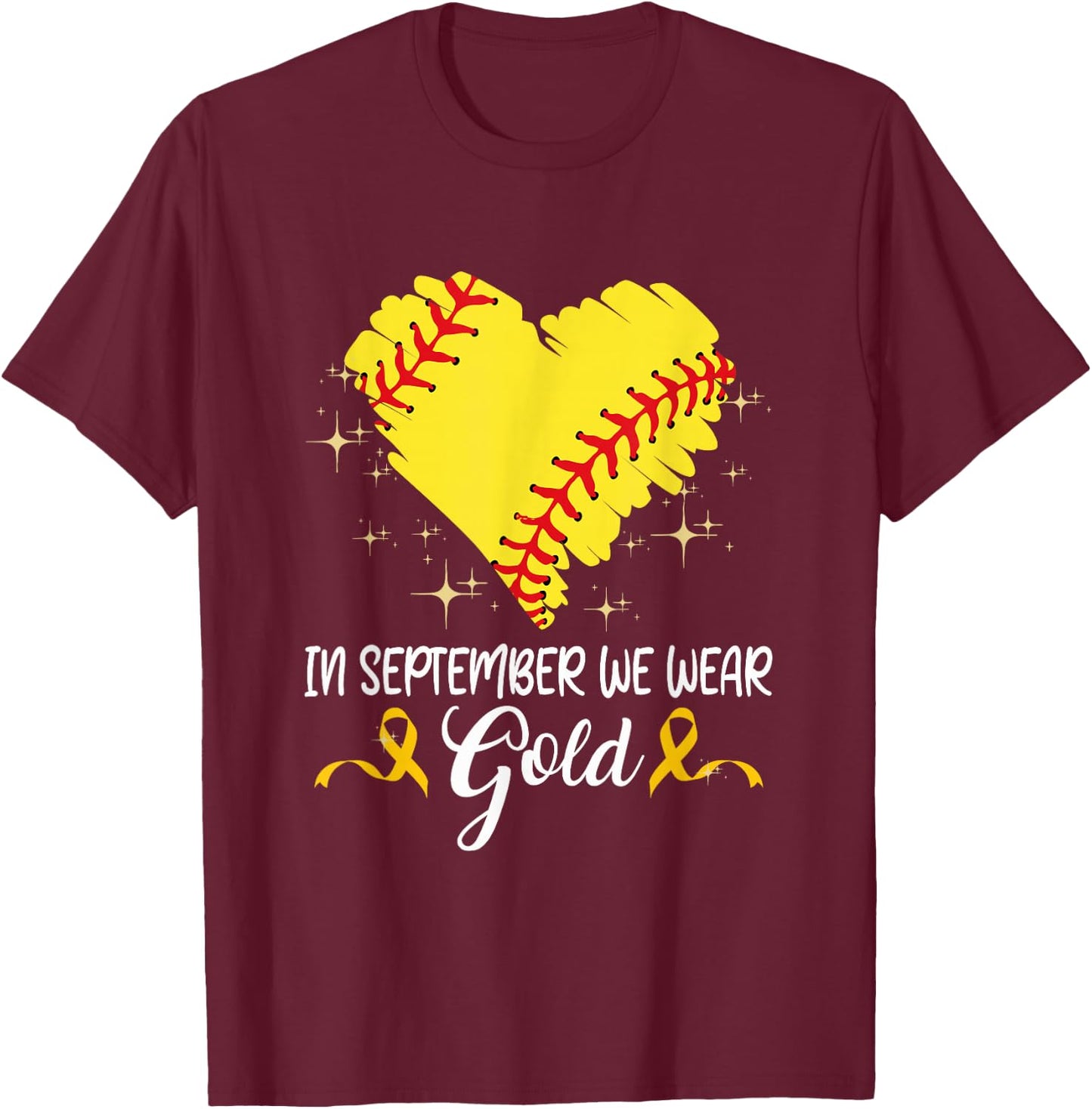 In September We Wear Gold Softball Childhood Cancer Support T-Shirt - T-Shirt | Maroon