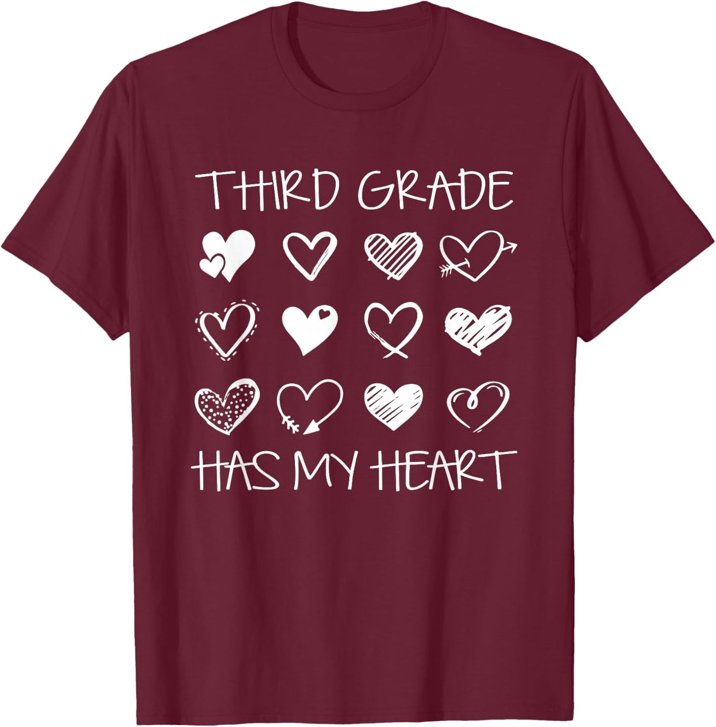 Vintage 3rd Third Grade Has My Heart Valentines Day Teacher T-Shirt - T-Shirt | Maroon