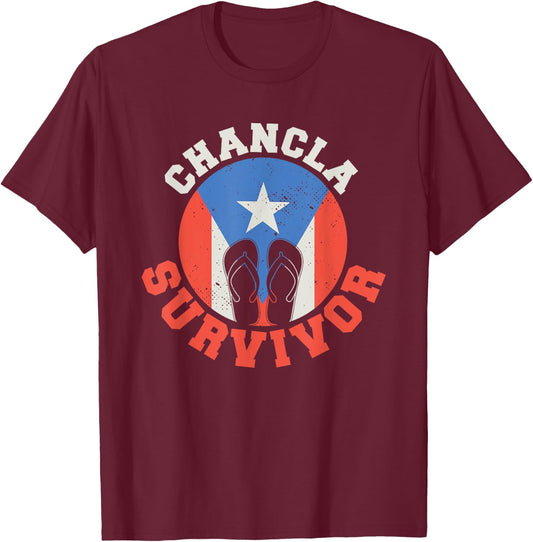 Chancla Survivor Puerto Rico Funny Spanish Joke T-Shirt - T-Shirt | Maroon