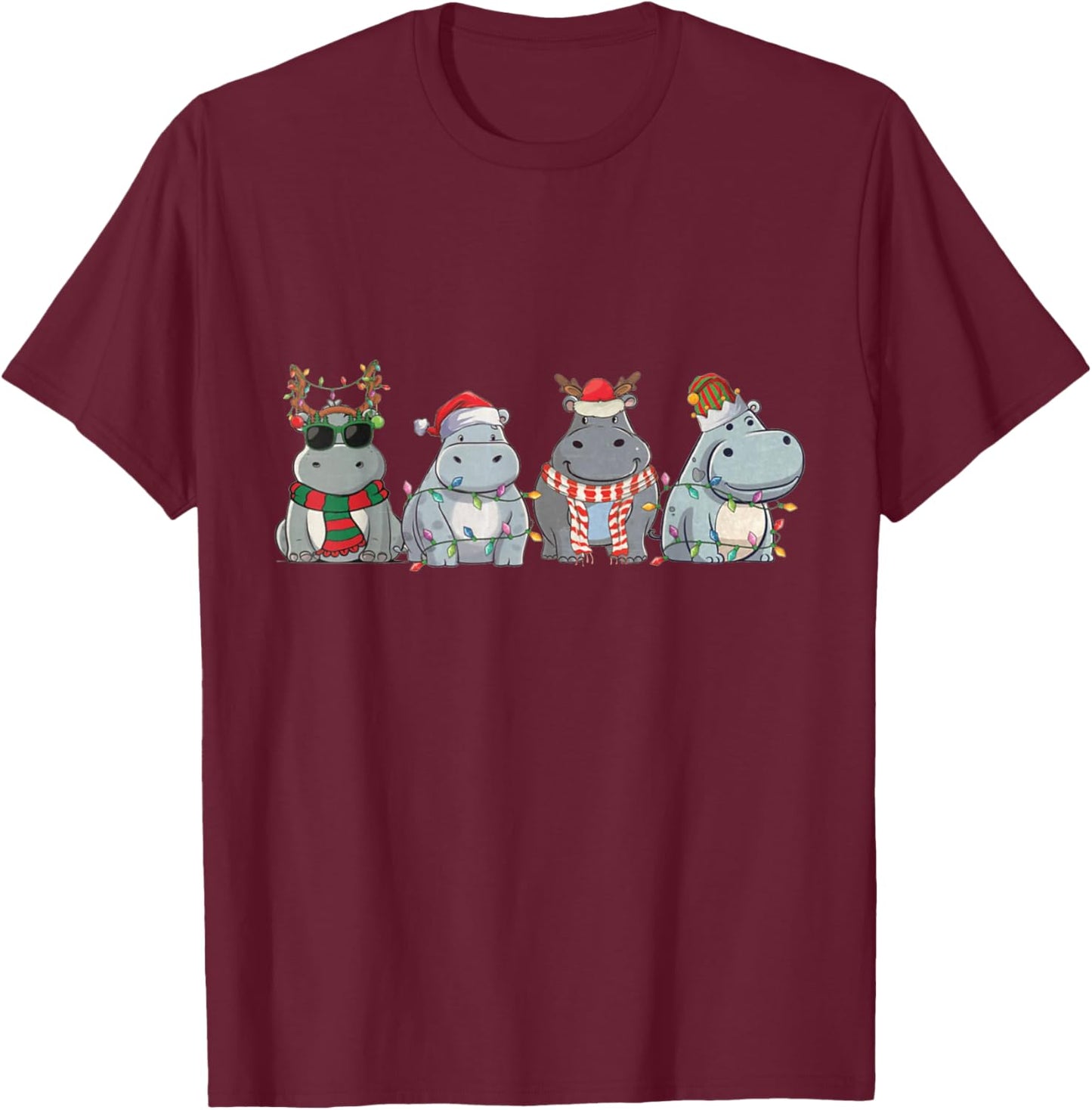 Hippopotamuses Christmas Lights Cute Hippo Christmas T-Shirt - T-Shirt | Maroon