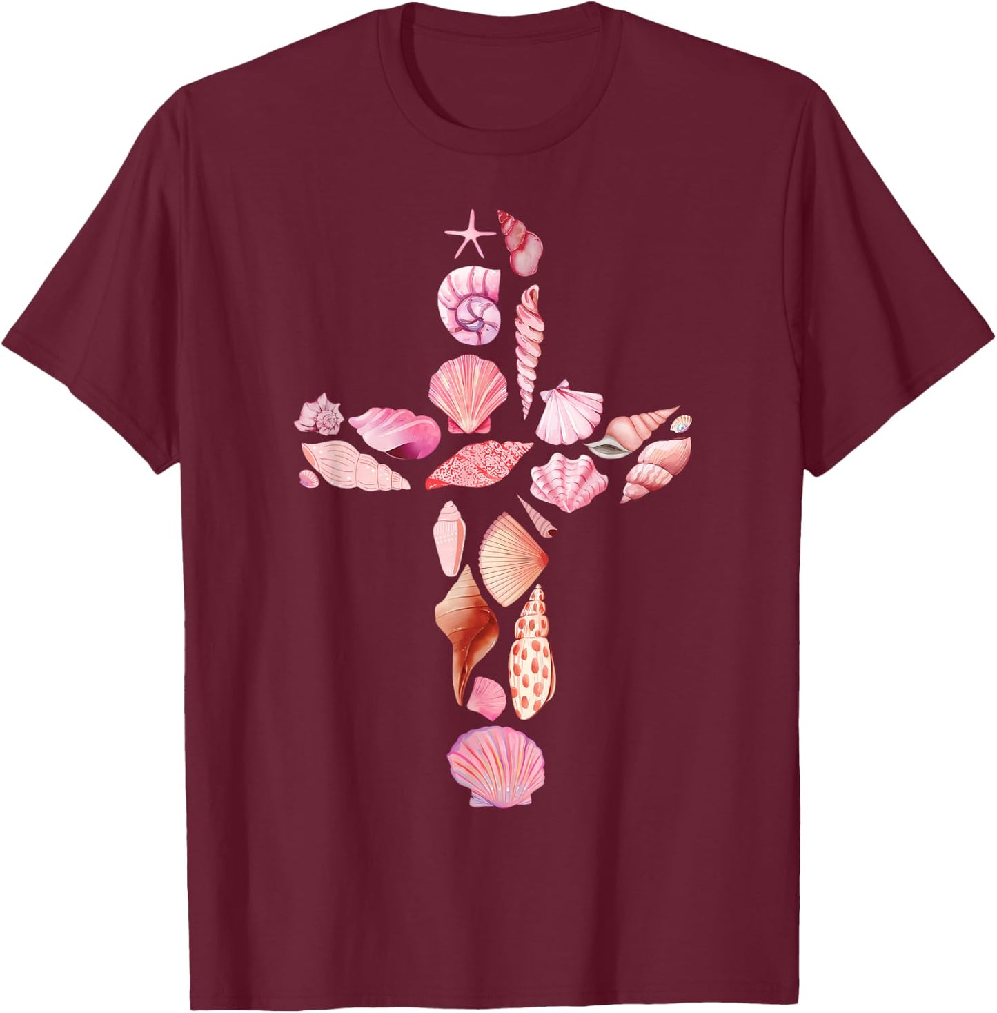 Beachy Ocean Seashell Faith Cross Christian Coquette T-Shirt - T-Shirt | Maroon
