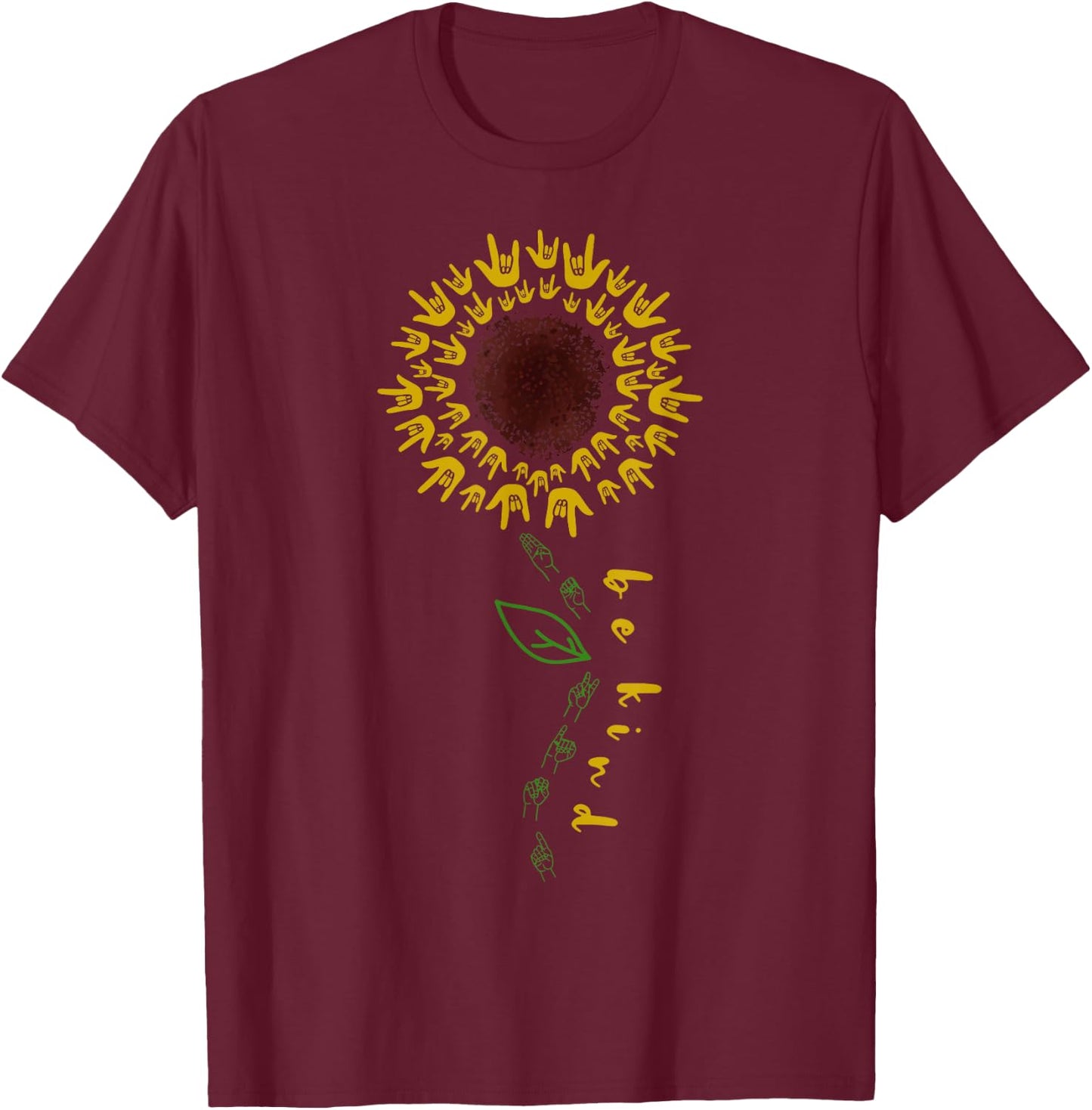 Vintage Be Kind ASL Sunflower American Sign Language T-Shirt - T-Shirt | Maroon