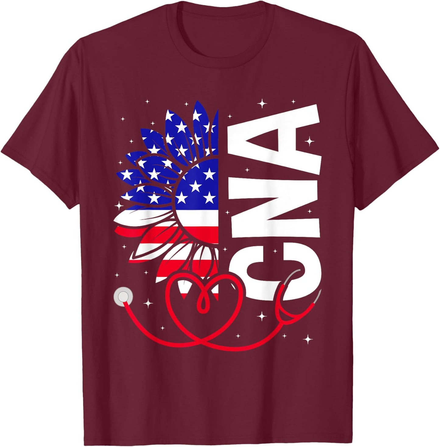 All American CNA Life American Flag Sunflower 4th Of July T-Shirt - T-Shirt | Maroon