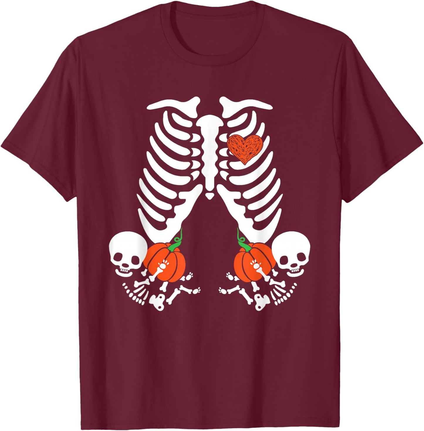 Pregnancy Announcement Skeleton Halloween Baby Pumpkin Twins T-Shirt - T-Shirt | Maroon