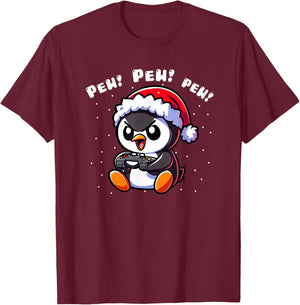 XmasByAxisone2024 Funny Penguin Gamer Pew Video Game Christmas Boys Kids T-Shirt - T-Shirt | Maroon