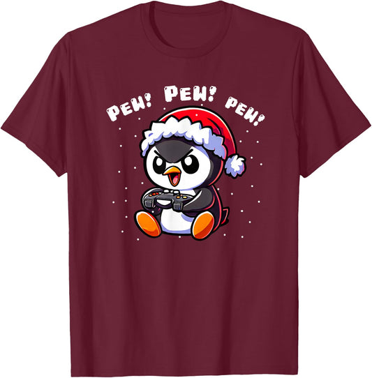 XmasByAxisone2024 Funny Penguin Gamer Pew Video Game Christmas Boys Kids T-Shirt - T-Shirt | Maroon