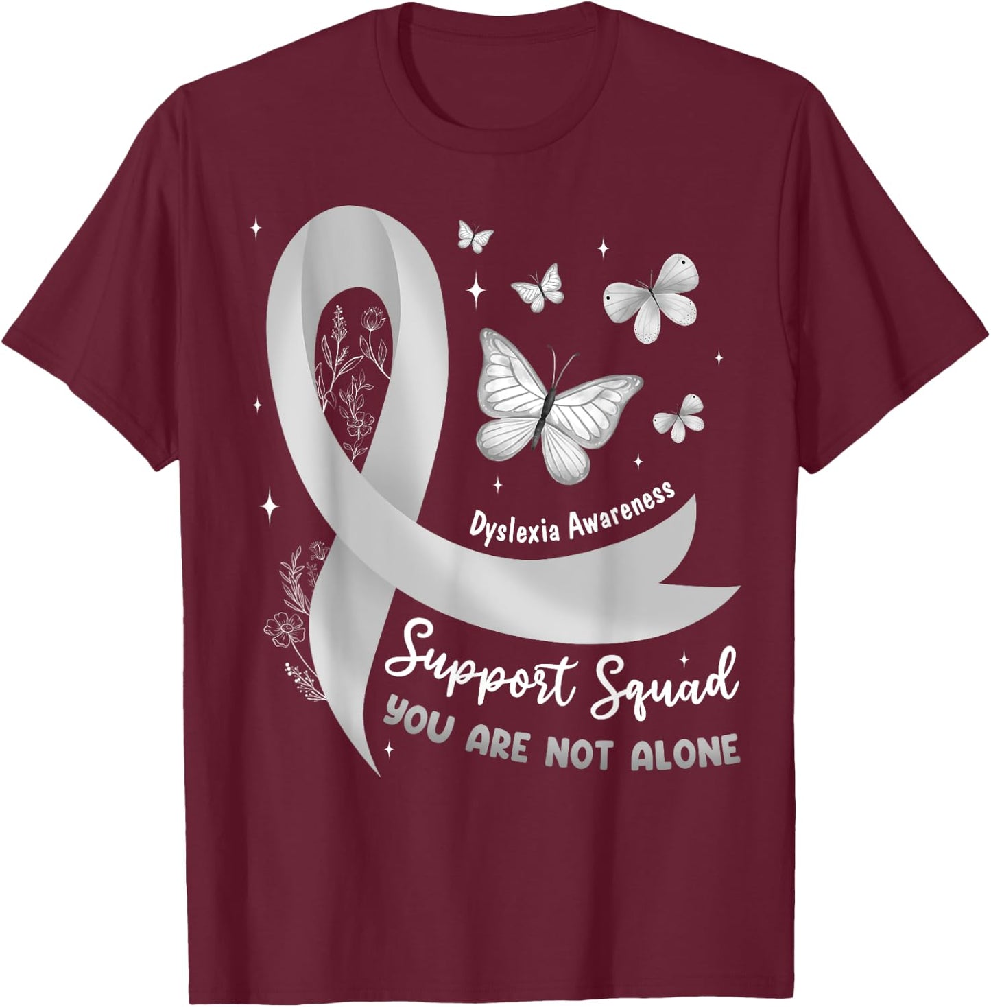 Support Squad Dyslexia Awareness Silver Ribbon Butterfly T-Shirt - T-Shirt | Maroon