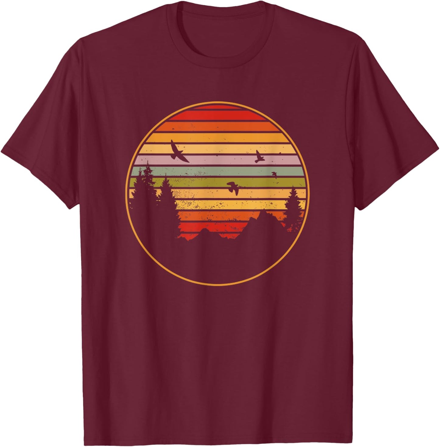 Vintage Retro Forest Sunset Circle Camping Mountain T-Shirt - T-Shirt | Maroon