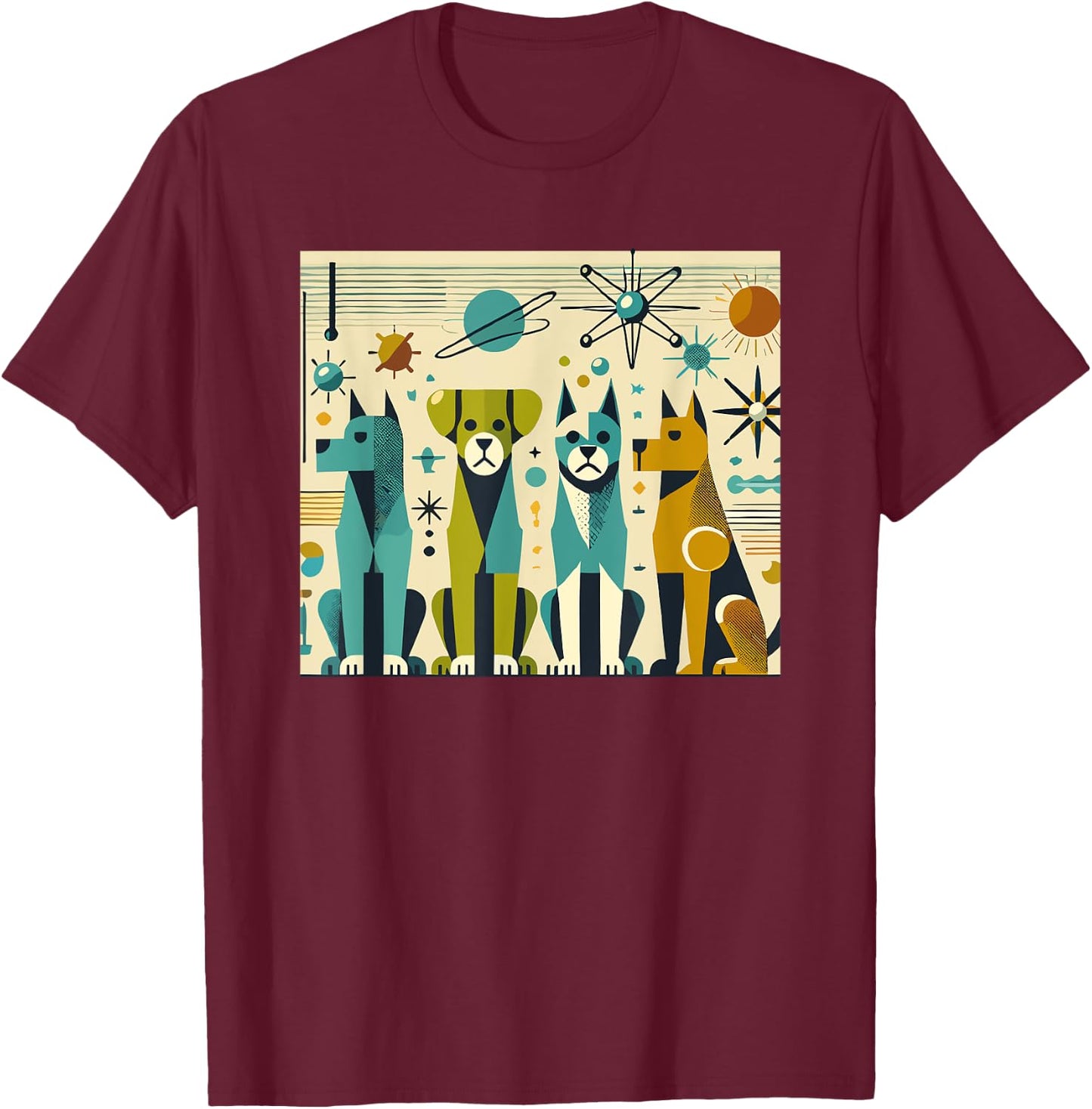 Mid Century Modern Dogs 50s 60s Retro Style Art T-Shirt - T-Shirt | Maroon